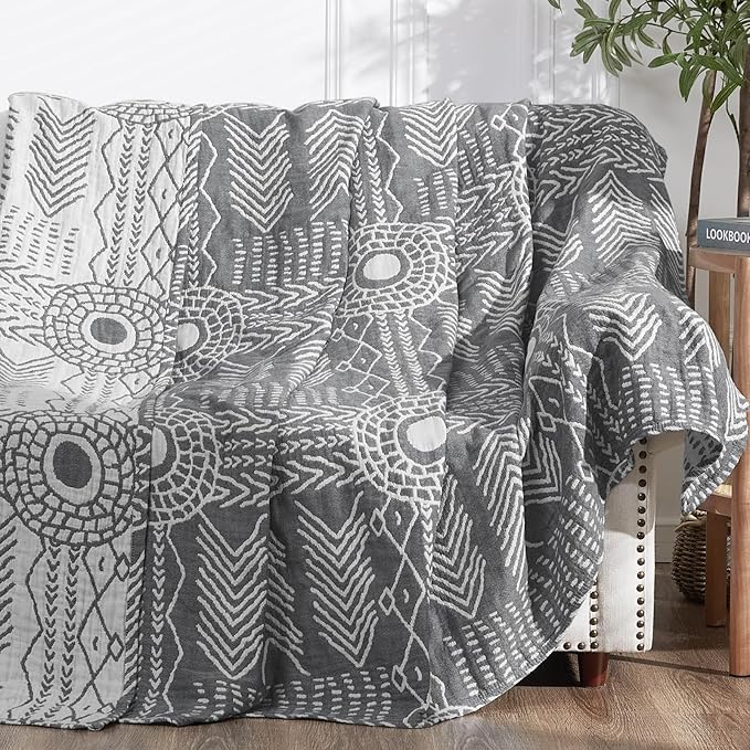 jinchan Boho 100% Cotton Muslin 50x60 Throw Blanket Lightweight 3 Layer Grey Blanket Washable Reversible Breathable Decorative Geometric Striped Patterned Gray Soft Cozy for Sofa Bed All Season Gift-Ruum Studio Home