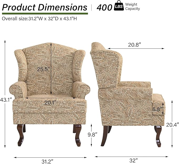 Accent Chair, High Back Upholstered Armchair with High Resilience Sponge & Wood Legs, Mid-Century Modern Comfy Single Sofa Reading Chairs for Living Room, Bedroom (Floral Light Brown, Set of 1)-Ruum Studio Home
