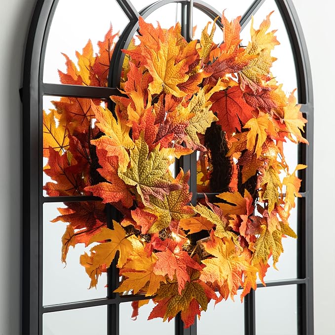 Glitzhome 24 Inch Pre-lit Fall Wreath, Autumn Wreath for Front Door, Lighted Maple Leaves Wreaths with Timer for Thanksgiving Halloween Christmas Wall Front Porch Home Decoration-Ruum Studio Home