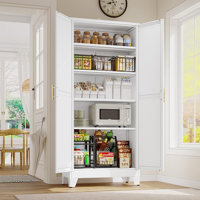 71" Tall Metal Storage Cabinet with 2 Doors and 4 Adjustable Shelves, Kitchen Pantry Cabinet White Freestanding Cupboard, 5 Tier Multifunctional Steel Storage for Office, Kitchen, Dining Room-Ruum Studio Home