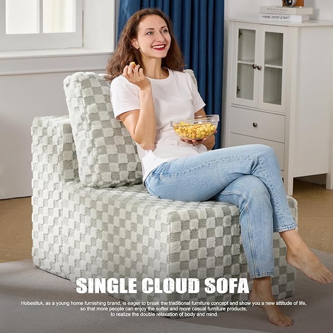 Single Sofa 1 Seat Couch with Deep Seat Memory Foam Cloud Chair with Pillows Large Sofa with L Shape for Living Room Bedroom (Plush GREYOLIVE, Single)-Ruum Studio Home