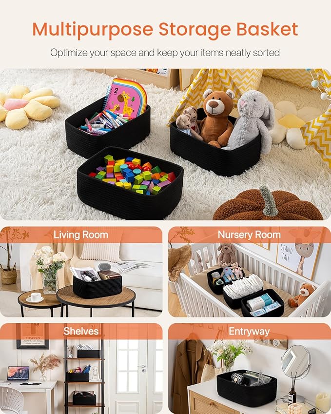 KALLAX Small Woven Basket, 13.5 x 9.5 x 5 Inches, Storage Basket for Organizing, Cute Small Rope Shelf Closet Cube Storage Bins Baskets for Shelves, Dog Toy Gift Baskets Empty, 3 Packs, Black-Ruum Studio Home