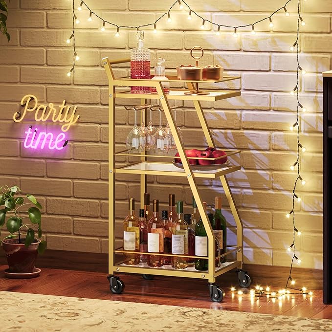 Bar Cart, 3-Tier Bar Cart for The Home, Home Bar Serving Cart with Glass Holders, Beverage Cart for Kitchen, Dining, Party Room, Gold BC03GD-Ruum Studio Home