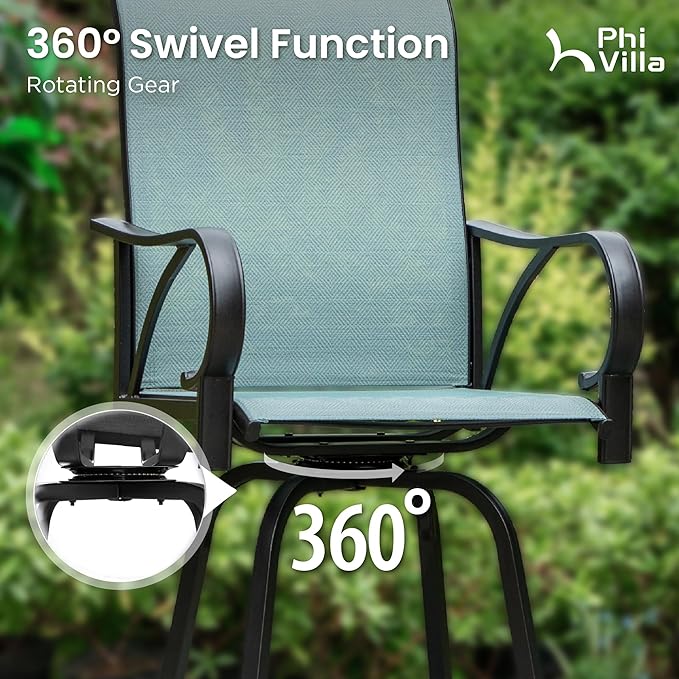 PHI VILLA 3 Piece Outdoor Bar Set, High Top Patio Bistro Table and Bar Chairs with Teal Textilene Fabric & Rustproof Metal Frame for Backyard, Balcony, Garden & Poolside-Ruum Studio Home