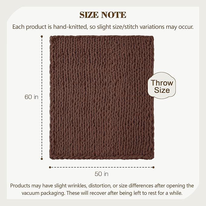 Carriediosa Chunky Knit Throw Blanket 50" X 60", 100% Hand Made Large Chenille Loop Yarn Soft Fluffy Throws for Couch Sofa Bed, Big Crochet Cozy Heavy Thick Cable Woven Blanket, Cocoa Brown-Ruum Studio Home