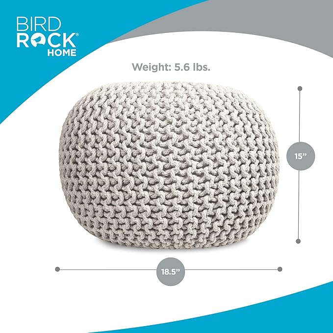 BIRDROCK HOME Round Pouf Ottoman | Cotton Braided Foot Stool with Bean Bag Filling | Boho Foot Rest for Living Room & Bedroom | Compact & Comfortable Seating, Lightweight & Soft | Ivory-Ruum Studio Home