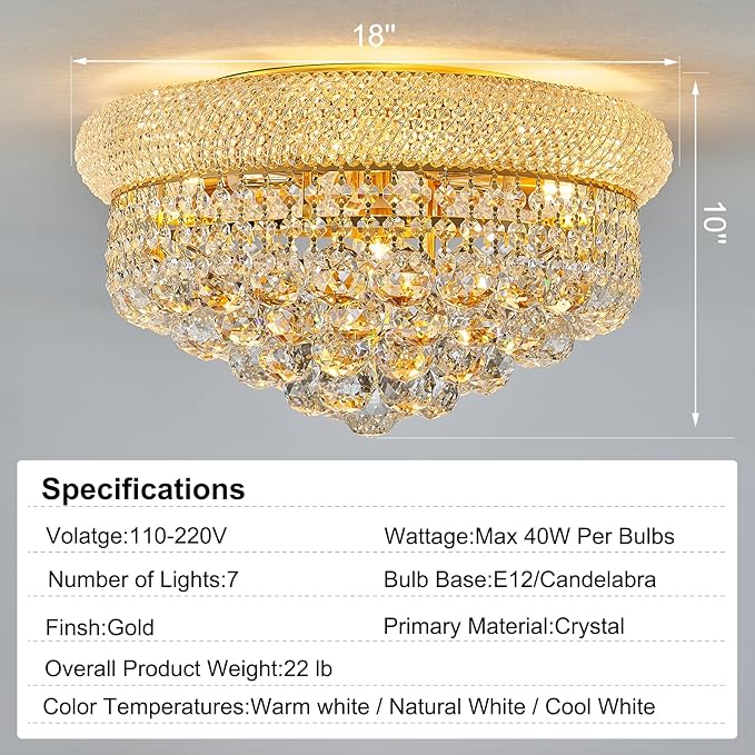 7-Light Crystal Flush Mount Chandelier Ceiling Light Fixture for Living Room Dining Room Bedroom Foyer Entryway Hallway Closet Bathroom (Gold D18)-Ruum Studio Home