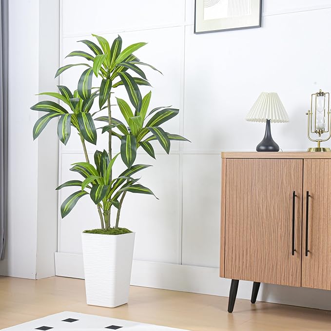 Artificial Dracaena Tree Artificial Silk Tree Faux Tree Fake Tropical Yucca Floor Plant with White Tall Planter (1, White Tall Planter, 5FT)-Ruum Studio Home