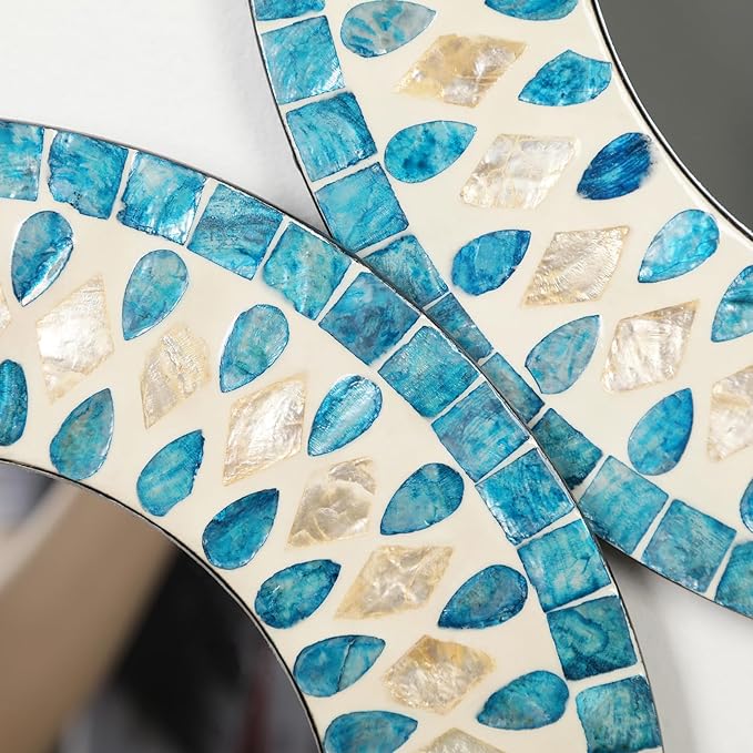 TEIPAI Handmade Mother of Pearl Mirror for Wall Decor, 3PCS Round Decorative Mirrors for Beach Nautical Home Hotel Coffee Shop, Natural Plate Art Hanging Sculpture for Dorm Apartment Entryway (Blue)-Ruum Studio Home