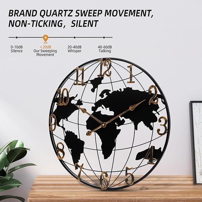 Large Wall Clock - 24 Inch World Map Minimalist Modern Round Metal Wall Clock Silent Non-Ticking Battery Operated Wall Clocks for Living Room Kitchen Office Farmhouse Home Decor-Ruum Studio Home