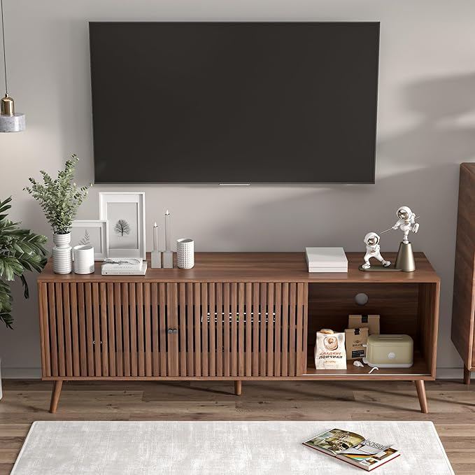 Mid Century Modern TV Stand for Televisions up to 70 Inches, with Sliding Doors and Storage, Television Stands, TV Consoles, Media Consoles for Living Room, 63 Inch (Walnut)-Ruum Studio Home