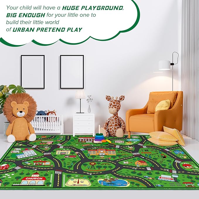 Kids Carpet Playmat Rug 5 x 7 ft Player Car Rug, City Life Traffic Road Map Mat Educational Game Area Mat for Toddler Children Playroom Classroom Bedroom(Green)-Ruum Studio Home