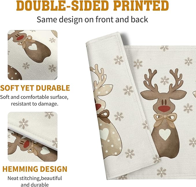Christmas Reindeer Snowflakes Placemats Set of 4 Xmas Cute Elk Deer Place Mats 12x18 Seasonal Winter Holiday Farmhouse Linen Table Mats for Party Kitchen Dining Outdoor Indoor Decor-Ruum Studio Home