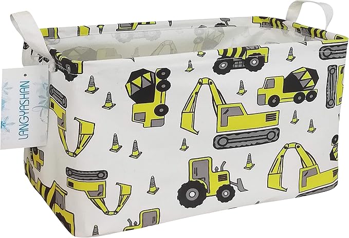 LANGYASHAN Rectangular Storage Bin Collapse Canvas Fabric Cartoon Storage Basket with Handles for Organizing Home Kitchen Boys and Girls Toys Office Closet Shelf Baskets (Rec Engineering Vehicle)-Ruum Studio Home