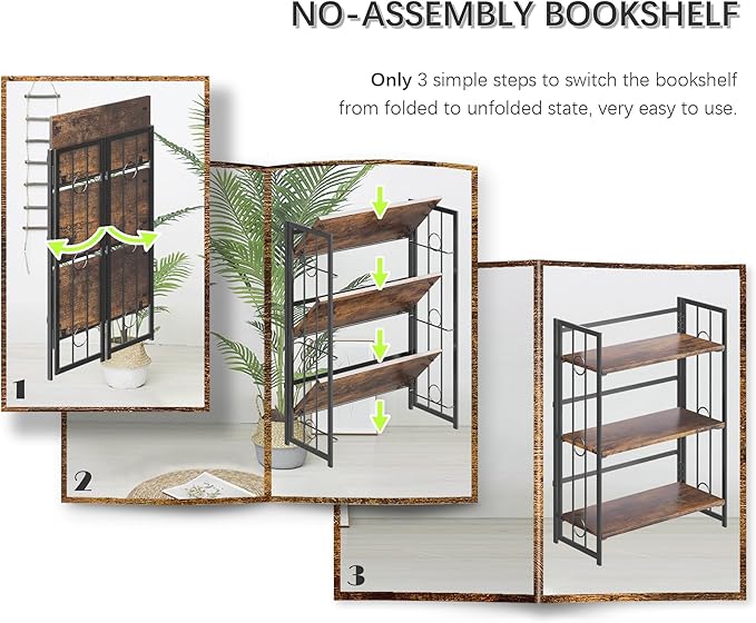 4NM No Assembly 3 Tiers Folding Bookshelf, 35" H Foldable Storage Shelves Vintage Bookcase Standing Racks Study Organizer Home Office - Rustic Brown Black-Ruum Studio Home