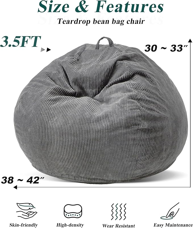 3.5FT Bean Bag Chairs Teardrop Bean Bag Chair for Adults Beanbag Chair with Memory Foam Filled Machine Washable Cover for Living Room, Bedroom (Large,Grey)-Ruum Studio Home
