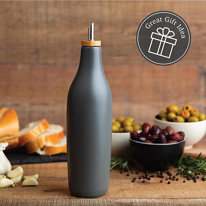 kitchentoolz Olive Oil Stoneware Dispenser Bottle, Ceramic 16 Oz Container for EVOO or Vinegar Kitchen Counter, Pewter Gray-Ruum Studio Home