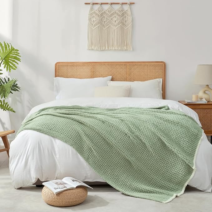 Snuggle Sac Sage Green Waffle Bedding Blankets Queen Size 90x90 inches, Reversible Microfiber Fluffy Fuzzy Soft Throw Cozy Knit Blanket for Women Mothers Birthday Gifts-Ruum Studio Home