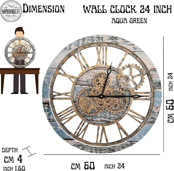 The Original Real Moving Gear Wall Clock Vintage Industrial Oversized Rustic Farmhouse (24 inch (60cm), Vintage Aqua Green and Bronze)-Ruum Studio Home