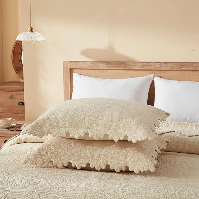 MarCielo 3-Piece 100% Cotton Oversized Bedspread Lightweight Quilt Coverlet Embroidery Farmhouse Bedding Set(TL Beige,Oversized Queen (100"x106"))-Ruum Studio Home