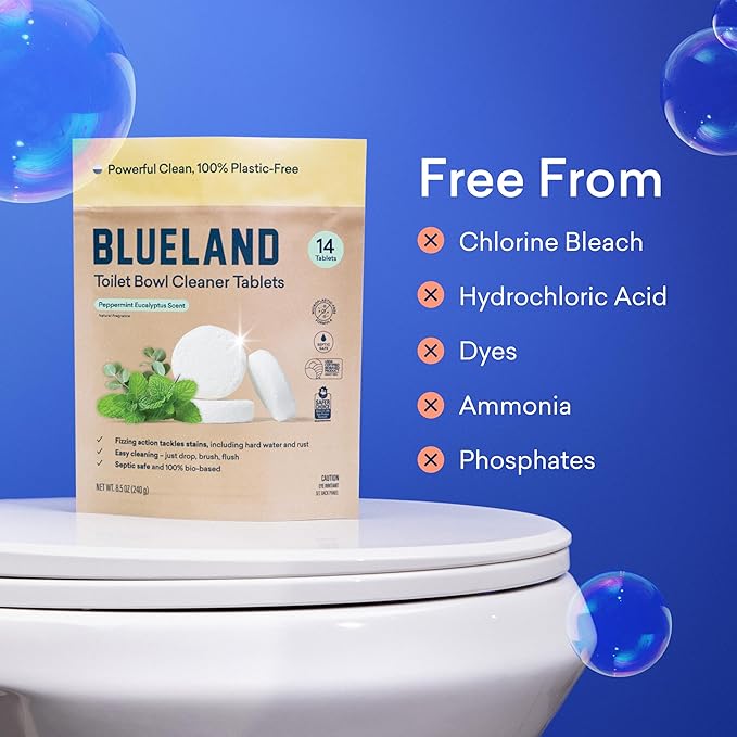 BLUELAND Toilet Bowl Cleaner Tablets, Starter Set, 14 Count with Tin, Peppermint Eucalyptus, Plastic-Free, No Harsh Chemicals, Plant-Based-Ruum Studio Home