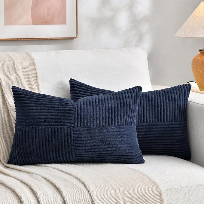 Fancy Homi 2 Packs Navy Blue Long Lumbar Decorative Throw Pillow Covers 12x24 Inch for Couch Bed Sofa, Rustic Farmhouse Boho Home Decor, Soft Striped Corduroy Rectangle Accent Cushion Case 30x60 cm-Ruum Studio Home
