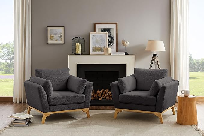 Large-Sized Accent Chair, Thick Cushion Bedroom Reading Chair, Comfortable Living Room Single Sofa， Boucle Dark Gray-Ruum Studio Home