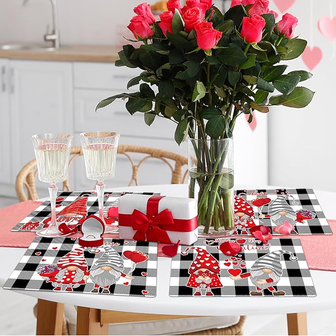 Valentine's Day Placemats Set of 6 Gnomes Plastic Table Mats Buffalo Plaid Place Mats Washable Vinyl Love Hearts Table Decoration for Anniversary Wedding Party Kitchen Dining Table-Ruum Studio Home