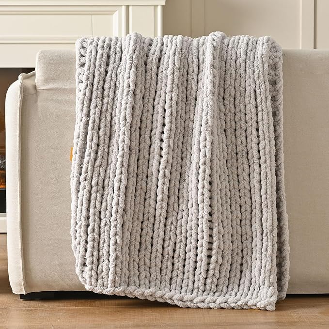 Esterra Chunky Knit Blanket Throw 50"x60", 100% Hand Knitted Chenille Throw Blanket, Cozy Soft Thick Cable Knit Throw Large Rope Knot Crochet Throw Blanket for Sofa Couch Bed, Light Gray-Ruum Studio Home