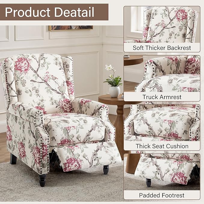 UIXE Pushback Recliner Chair, Fabric Upholstered Armchair Push Back Accent Chair for Living Room, Rivet Trim Home Theater Single Sofa Bedroom Reading Seat with Footrest - Beige Floral-Ruum Studio Home