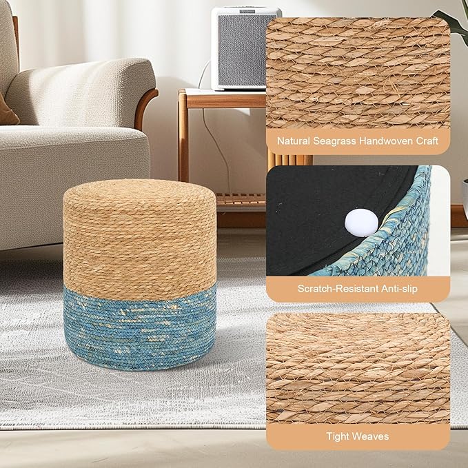 16'' Round Ottoman Natural Seagrass Braided Poof Hand Weaving Round Ottomans Boho Footrest Stool for Home Living Room Bedroom Patio(Natural&Blue)-Ruum Studio Home