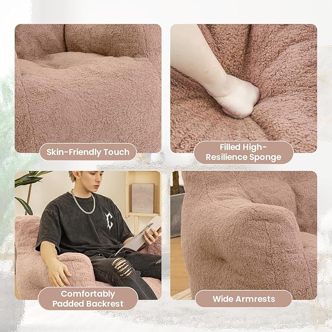 Bean Bag Chair with Filler, Bean Bag Sofa with Tufted Soft Stuffed Filling, Fluffy and Lazy Sofa, Comfy Cozy BeanBag Chairs with Memory Foam for Dorm, Apartment, Living Room (Pink)-Ruum Studio Home