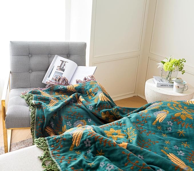 Cotton Throw Blanket 100% Muslin for Couch Bed 80''x 90'' Farmhouse Blanket 4-Layer Summer Blankets Boho Quilt Decor for All Seasons Cozy Soft Lightweight Knitted Warm Blanket Gifts for Women-Ruum Studio Home