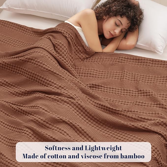 PHF Cooling Waffle Blanket Twin Size, Lightweight 60% Rayon Derived from Bamboo & 40% Cotton Breathable Blanket for Hot Sleepers, Soft and Luxury for Bed Couch and Sofa, 66"x90", Burnt Umber-Ruum Studio Home