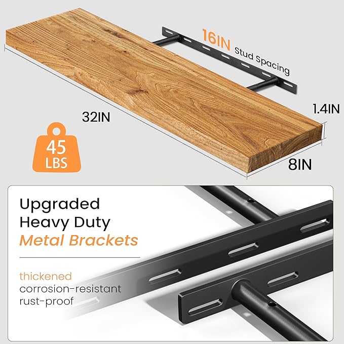 Fun Memories Solid Elm Wood Floating Shelves, 36 Inch Floating Shelves for Wall, Wall-Mounted Wooden Shelves with Invisible Heavy-Duty Brackets for Books, Bathroom, Kitchen, Natural, 2 Pack-Ruum Studio Home