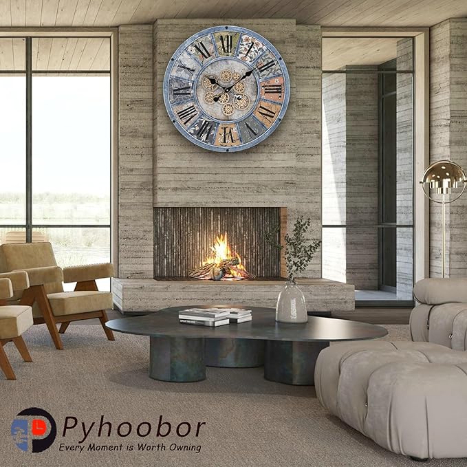 Unique Moving Gear Large Round Wall Clock 21inch-Battery Powered. Retro Industrial Steampunk Country Farmhouse Decor for Living Room Kitchen Bars cafes Offices(Blue/metal/21)-Ruum Studio Home