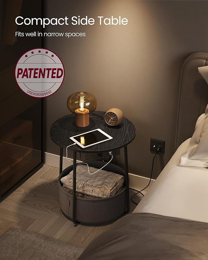 VASAGLE Side Table with Charging Station, Round End Table with Fabric Basket, Nightstand with Power Outlets, USB Ports, for Living Room, Bedroom, Modern, Ebony Black and Slate Gray ULET228B01-Ruum Studio Home