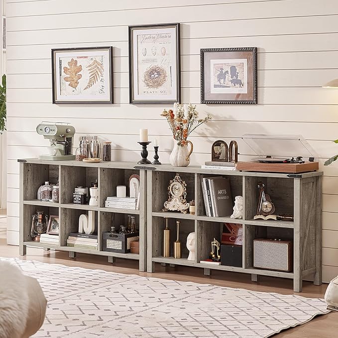 Farmhouse 6 Cube Bookshelf, Rustic Grey Oak Wooden Storage Organizer Book Shelf, 47 Inch Cubby Hallway Bookcase, Kids Toy Storage Cabinet, Modern Open Book Case for Living Room, Hallway-Ruum Studio Home
