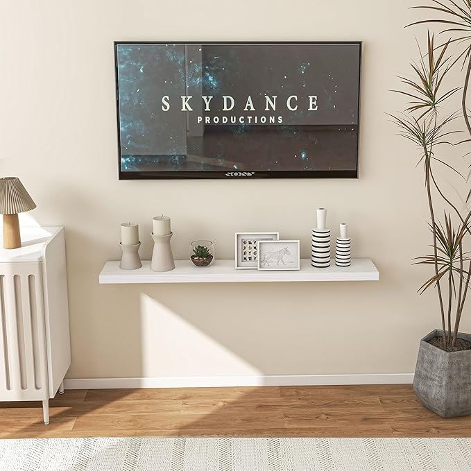 Fun Memories 48 Inch Floating Shelves for Wall, Deep Rustic Solid Pine Wood Shelf - Farmhouse Wall Mounted Display Shelf with Heavy-Duty Metal Bracket, 48" W x 8" D, Set of 1, White-Ruum Studio Home