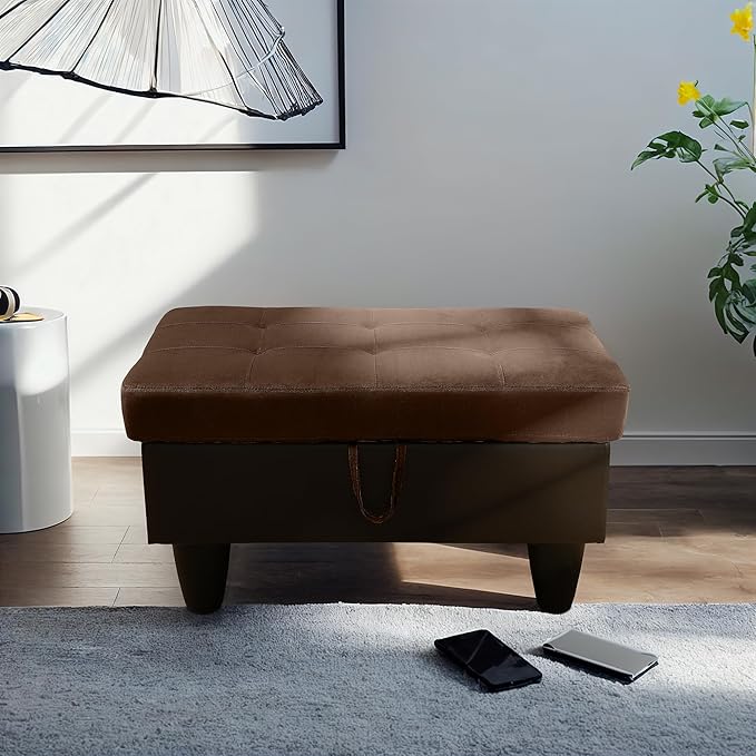Ottoman Rectangular Storage Ottoman Bench, Flannel Footrest Stool Footstool with Lid for Living Room, Bedroom, Entryway, Brown&Black, 35"x23.5"x17.5"-Ruum Studio Home