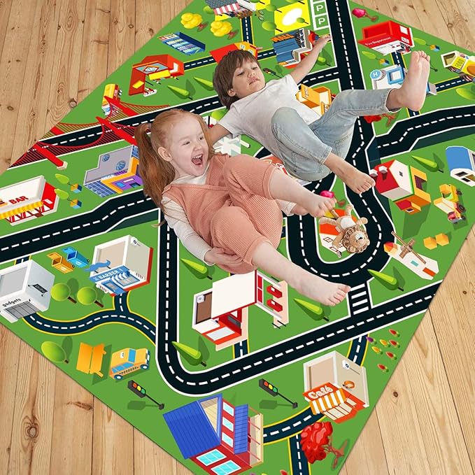 Kids Rug - Car Rugs for Kids Toy Cars Play Mat with Rubber Backing - City Life Road Rug for Fun - City Map for Carpet - Bedroom Boys (RED, 4x6ft)-Ruum Studio Home