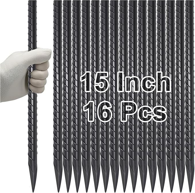 VVOKGO Rebar Stakes 15 Inches Ground Concrete Form Stakes (16pcs), 3/8" Diameter Straight Metal Spikes Heavy Duty with Chisel Point End, Steel Anchors for Fence, Concrete Timber, Garden Plants, Black-Ruum Studio Home