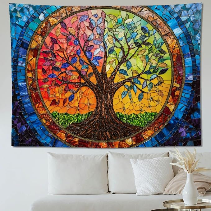 keowhsf Tree of Life Tapestry Wall Hanging – Colorful Stained Glass Look Wall Art with Fantasy Aesthetic, Large Tapestry for Bedroom, Living Room, Home Decor-Ruum Studio Home