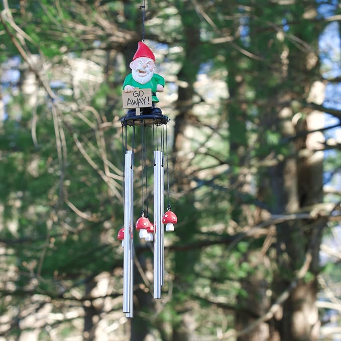 Funny Gnome Wind Chime for Garden or Porch – Peeved Garden Gnome Holding 'Go Away' Sign – Outdoor Yard Décor with Stainless Steel Tubes & Resin Mushroom Strikers – Hilarious Gift Idea-Ruum Studio Home