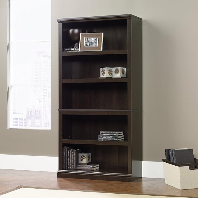 Sauder 5-Shelf Bookcase/ Book shelf, L: 35.28" x W: 13.23" x H: 69.76", Cinnamon Cherry finish-Ruum Studio Home