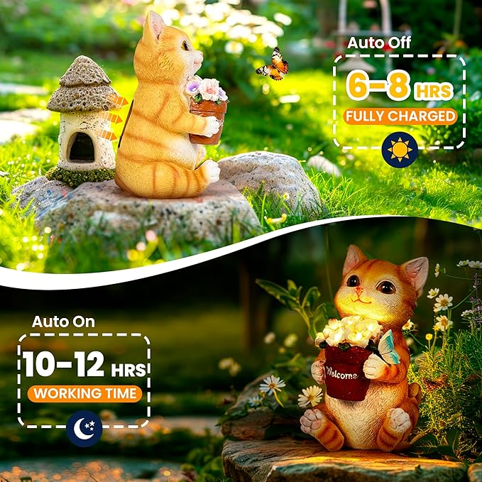 GIGALUMI Solar Garden Decor Flower Pot Cat Statues Outdoor, Birthday Gifts for Women Mom Grandma Senior Elder, Cat Ornament for Balcony, Garden, Patio, Yard, Lawn-Ruum Studio Home