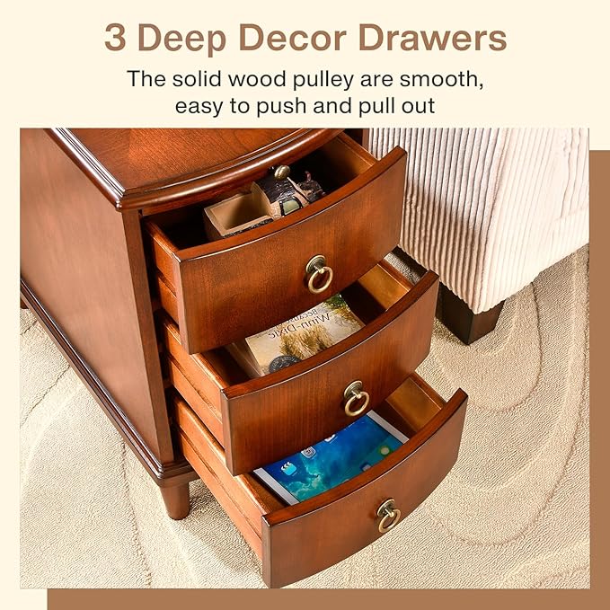 PADMA HOUSE Solid Wood End Table with 3 Drawers, Fully Assembled Nightstand with Sliding Shelf, Pre-Assembled Vintage Wooden Beside Table in Cherry Brown for Small Space,13.4 * 22.4 * 22.6in-Ruum Studio Home