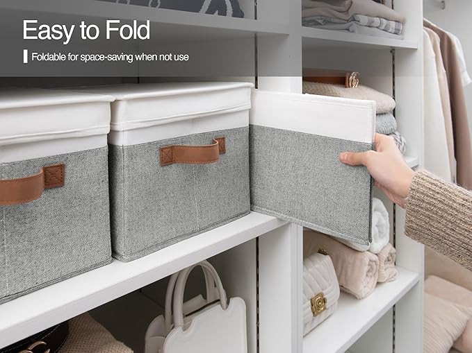 StorageWorks Storage Bins with Lids, Decorative Storage Boxes with Lid and PU Handles, Foldable Storage Baskets for Closet, Shelves, Stackable, Gray and White, Jumbo, 3-Pack-Ruum Studio Home