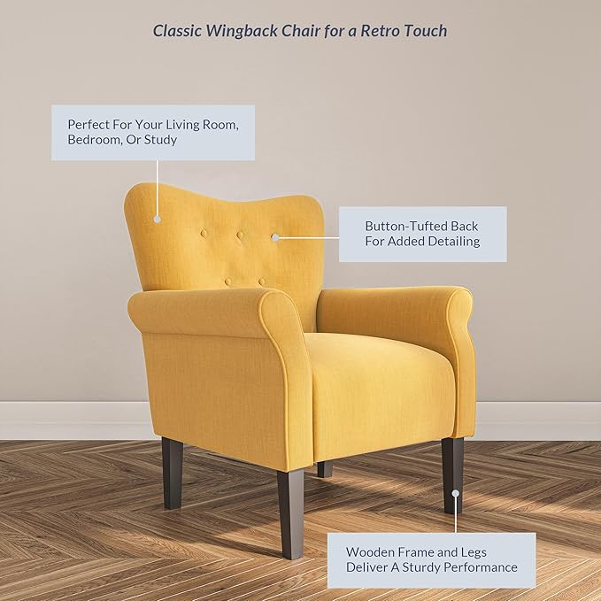 BELLEZE Modern Accent Chair, High Back Armchair, Upholstered Wingback Side Chair, Padded Single Sofa with Wooden Legs for Living Room, Bedroom - Citrine Yellow-Ruum Studio Home