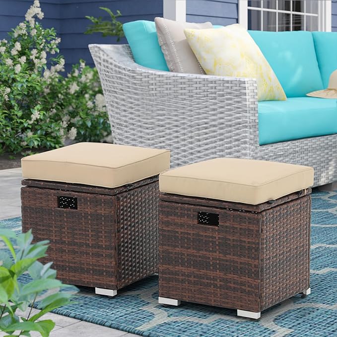 Patiorama 2 Piece Outdoor Patio Ottomans, All-Weather Brown PE Rattan Wicker Ottoman with Storage, Outdoor Footrest Footstool Seat w/Thick Cushion, Built-in Handle for Backyard Poolside Porch (Beige)-Ruum Studio Home